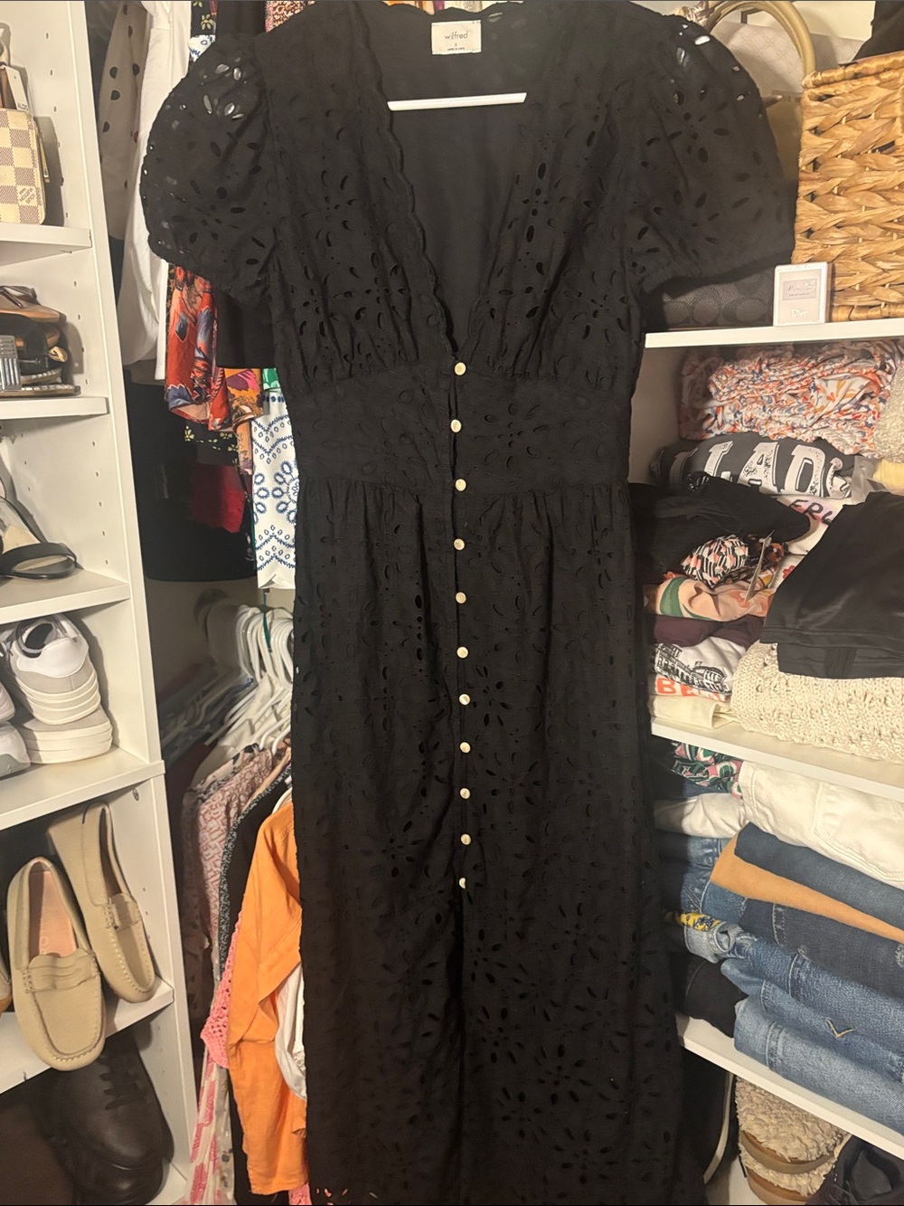 Wilfred Black Eyelet Midi Dress with Puff Sleeves and Button Front